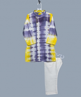 Tie&Dye Kurta With Purple Lace,Button And Off White Pant