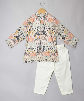 Multi Colour Floral Printed Kurta With Attached Jacket And Pyjama