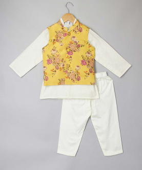 Printed Floral Jacket With Cotton Kurta With Pyjama