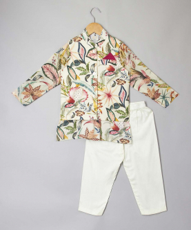 Multi Colour Tropical Print Kurta With Jacket And Pyjama