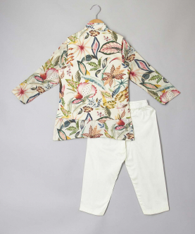 Multi Colour Tropical Print Kurta With Jacket And Pyjama