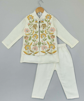 Flowers Embroidered Off White Attached Jacket Kurta And Pyjama