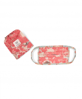 Adult Coral And Aqua Chidiya Print Pleated 3 Ply Mask With Pouch