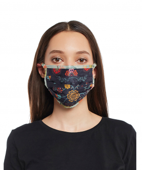Adult Navy Spring Print With Aqua Hand Painted Print Pleated 3 Ply Mask With Pouch