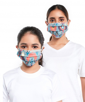 Mini Me PS Masks Twin Set - Blue and Stone Ikat Garden Print Pleated 3 Ply Masks with Pouches