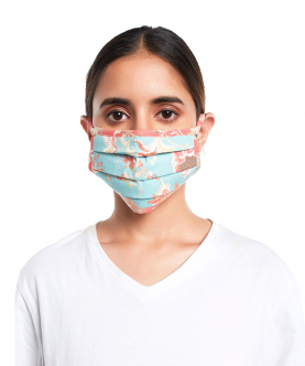 Aqua and Coral Chidiya Print Pleated 3 Ply Mask with Pouch For Adult