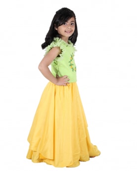 Green Embroidered Top Wih Yellow Two Layer Skirt