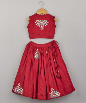 Red Abhla Work And Multi Colour Threadwork Top With Lehenga