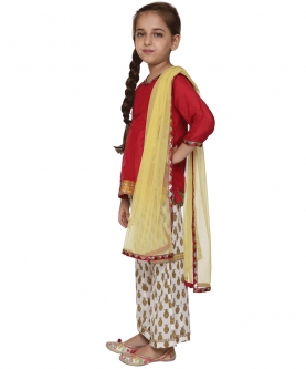 Red Cotton Silk Kurta With Cotton Printed Pyjama And Dupatta