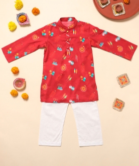 Red Fire Cracker Kurta Pajama Set