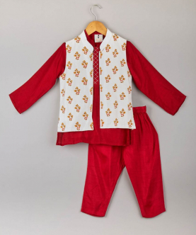 Red Kurta Pyjama With White Embroidered Jacket
