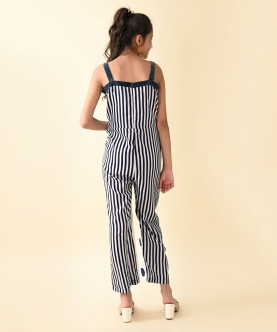 Square Neck Sleeve Less Striped 
Full Length Jumpsuit