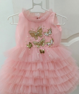 Pink Layered Dress With Golden Butterflies