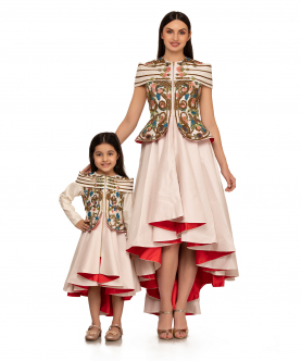 Ivory embroidered mom and kid jacket gown set
