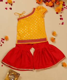Design Orange And Red Poly Cotton Sharara Kurta For Girls
