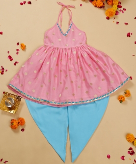 Pink And Blue Halter Neck Dhoti Jhabla For Girls