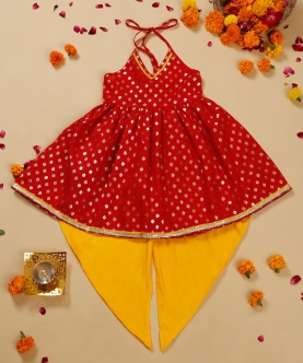 Red And Yellow Halter Neck Dhoti Jhabla For Girls