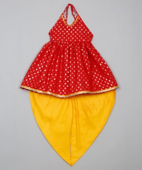 Red And Yellow Halter Neck Dhoti Jhabla For Girls