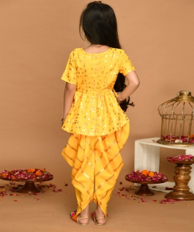 Yellow With Gold Print Dhoti & Jhabala