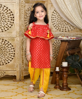 Red With All Over Gold Print Kurta & Yellow Dhoti Set