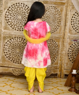 Girls Tie & Dye Angrakha Kurta With Yellow Dhoti & Dupatta