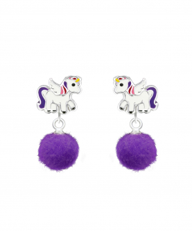 Silver Unicorn Earrings With Pom - Poms 