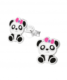 Silver Panda With Bow Earrings