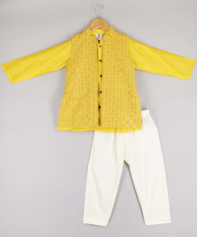 Sequin And Threadwork Open Jacket With Kurta And Pyjama