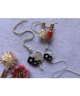 Combo Of Rakhi & Lumba -Crochet Silk Thread Flowers On Hoops - Set Of 2 - Navy/Silver