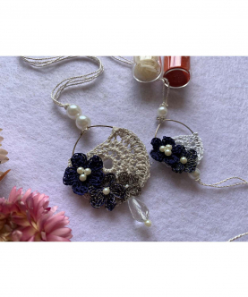 Combo Of Rakhi & Lumba -Crochet Silk Thread Flowers On Hoops - Set Of 2 - Navy/Silver