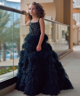 Hand Embroidered Feathery Tiered Full-Length Dress