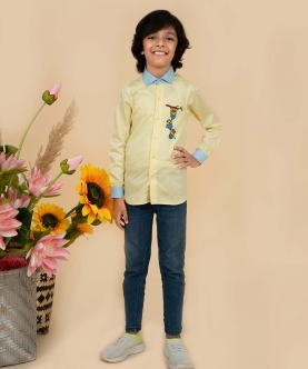Yellow With Sky Blue Contrast Embroidered Minion Shirt 