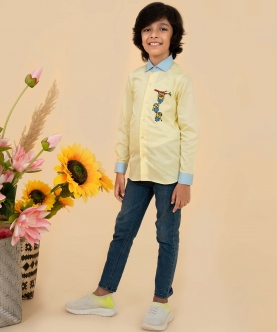 Yellow With Sky Blue Contrast Embroidered Minion Shirt 