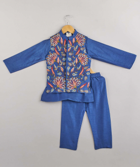 Silk Kurta With Lotus Embroidered Jacket And Pyjama