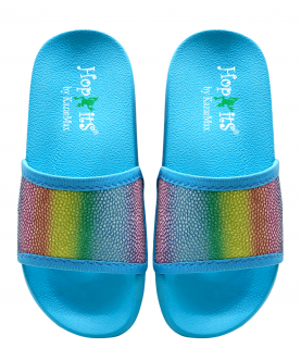 Kazarmax Hopits Kids Girls Turquoise Shimmer Rainbow PU Print Flip Flop/Soft, Comfortable, Indoor & Outdoor Slippers