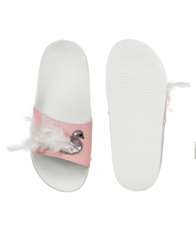 Teen Girls Light Pink Beaded and Feathered Swans PU Slides