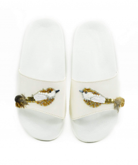 Teen Girls White Embroidered and Feathered Bird PU Slides