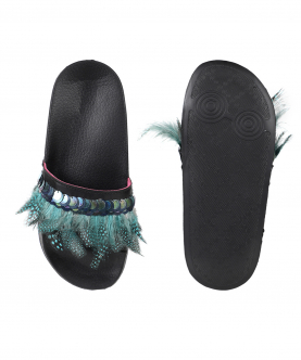 Teen Girls Black Feathers and Sequins PU Slides