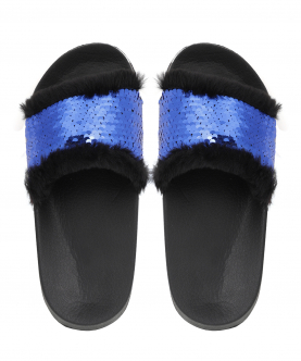 Teen Girls Black & Blue Beaded & Feathered Sequin PU Slides