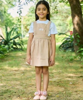 Twill Pinafore Dress With Ducks Embroidery On The Chest.