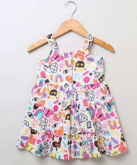 Cat & Butterfly Printed Colourful Dress