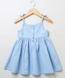 Blue Organic Cotton Oxford All Over Embroidery Singlet Dress