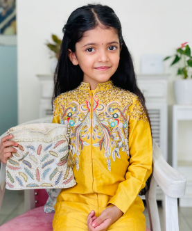 Front Open Jacket With Embroidered Pant For Kids - Yellow