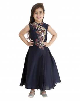 Front Overlap Neck Dress With Colorful Embroidery For Kids