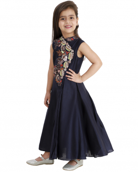 Front Overlap Neck Dress With Colorful Embroidery For Kids