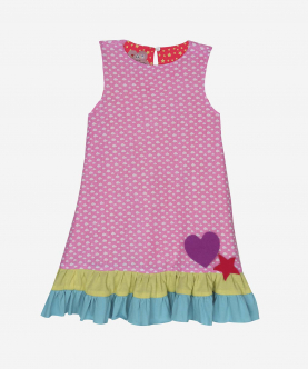 Sweet Peach Reversible Dress Fluorescent Pink Clouds & Orange Stars With Colour Block