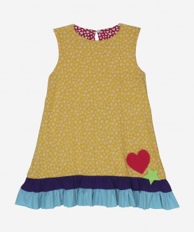 Sweet Peach Reversible Dress Mustard Yellow Flowers & Red Hearts With Colour Block