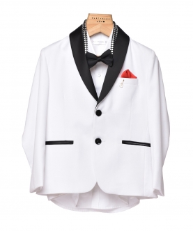 White Tux With Black Collar & Shimmery Muffler