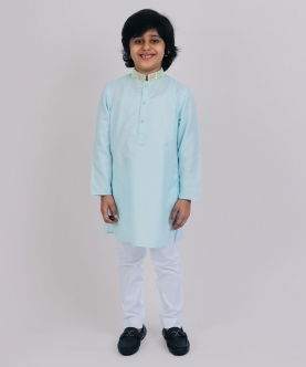 Ice Blue Kurta With Collar Embroidery & White Pants