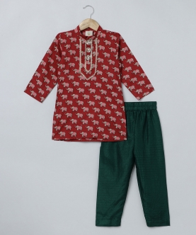 Boys Jaipuri Elephant Print Pure Cotton Kurta Pyjama